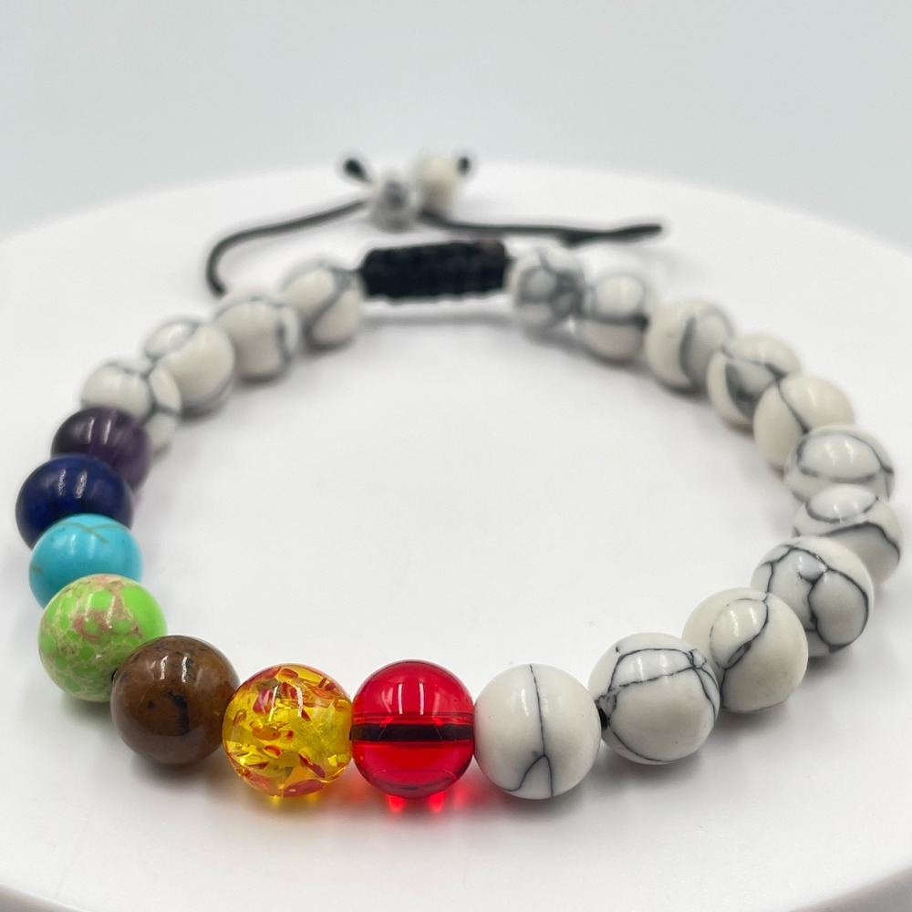 VTG Chakra White Howlite Style Bead Macrame Cord Adjustable Bracelet Boho Zen
